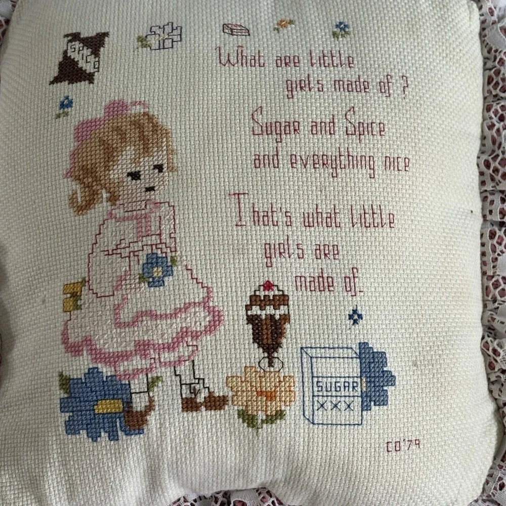 Vintage Handmade‎ Nursery Rhyme Pillow Embroidered Characters Little Girls  70's
